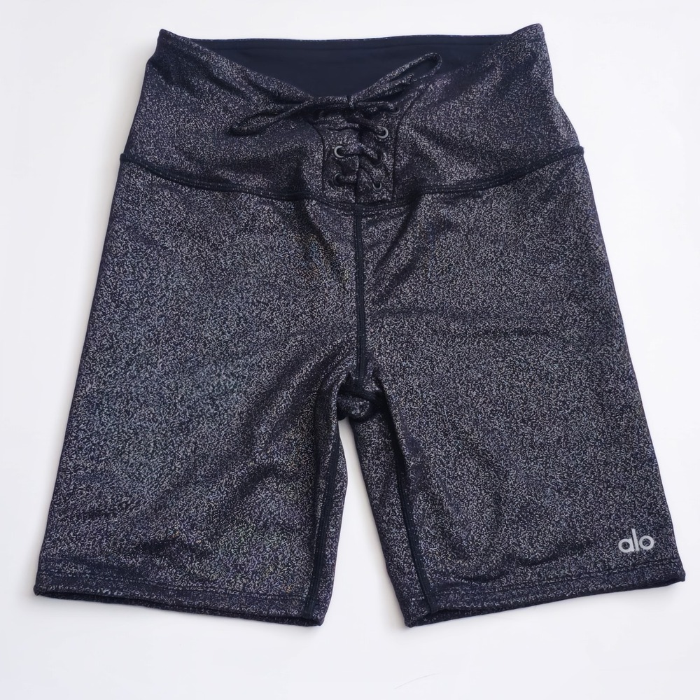 Alo Yoga Sparkle Lace-Up Biker Shorts Charcoal Metallic High Waist Small Glitter